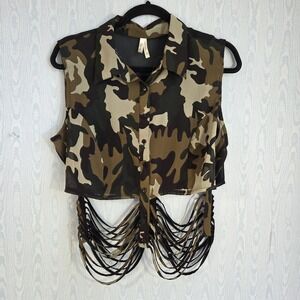 Truth NYC Womens 1X Top Camo Sleeveless Distressed Strappy Sheer Button Down